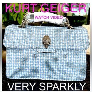 KURT GEIGER VERY SPARKLY crystal HOUNDSTOOTH fabric convertible bag blue white